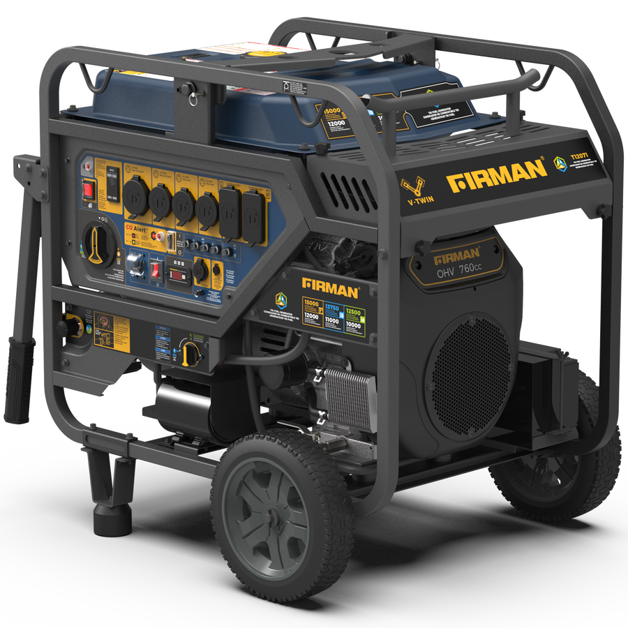 A FIRMAN Power Equipment Tri Fuel Portable Generator 15000W Electric Start 120/240V with CO Alert, featuring durable wheels and multiple outlets, and a yellow and black color scheme.