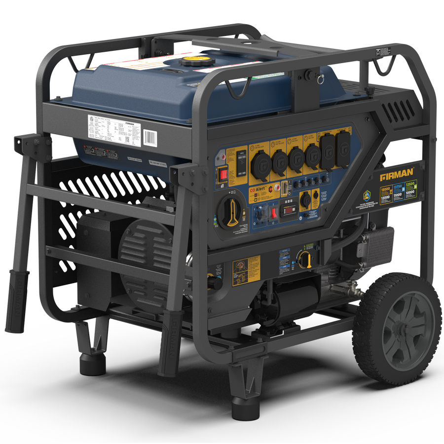 A portable FIRMAN Power Equipment tri-fuel generator with wheels, featuring multiple power output sockets and control switches on a steel frame.
