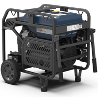 Portable gasoline generator on wheels with a metal frame, featuring a control panel, large muffler, sturdy handles, and CO Alert feature is the FIRMAN Power Equipment TRI FUEL PORTABLE GENERATOR 15000W ELECTRIC START 120/240V WITH CO ALERT.
