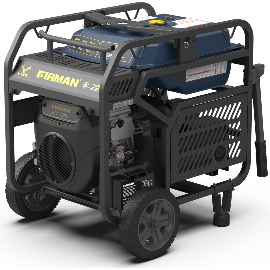 A FIRMAN Power Equipment TRI FUEL PORTABLE GENERATOR 15000W ELECTRIC START 120/240V WITH CO ALERT mounted on a wheel frame, featuring control panels and a large fuel tank, displayed against a neutral background.