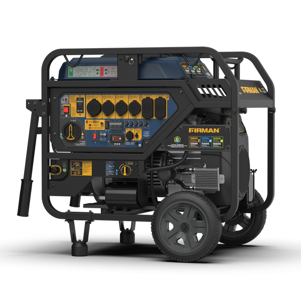 The FIRMAN Power Equipment TRI FUEL PORTABLE GENERATOR 16800W ELECTRIC START 120/240V features a robust engine and CO Alert tech, multiple outlets, and a user-friendly control panel. It includes wheels for easy mobility, making it the ultimate versatile power solution for any setting.
