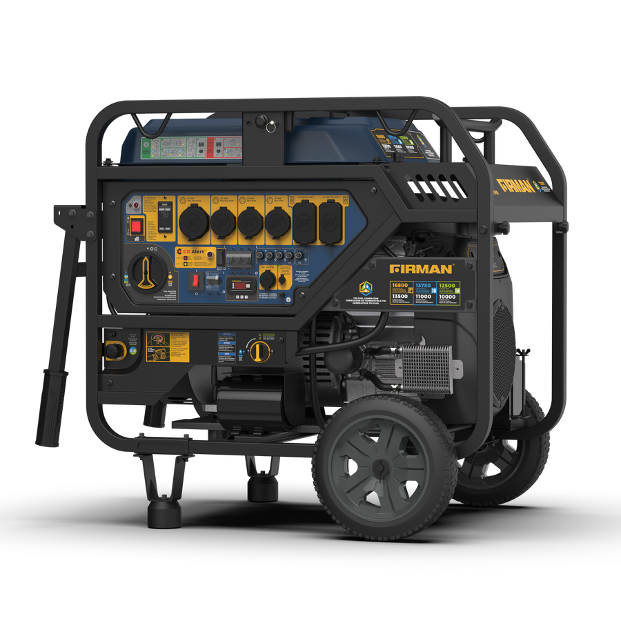 The FIRMAN Power Equipment TRI FUEL PORTABLE GENERATOR 16800W ELECTRIC START 120/240V features a robust engine and CO Alert tech, multiple outlets, and a user-friendly control panel. It includes wheels for easy mobility, making it the ultimate versatile power solution for any setting.