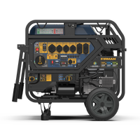 The FIRMAN Power Equipment TRI FUEL PORTABLE GENERATOR 16800W features an electric start, multiple sockets, control buttons, a metal frame with wheels and handles, and CO Alert technology for safety, providing efficient and reliable power at 120/240V.