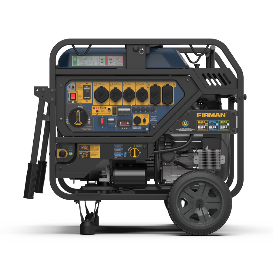 The FIRMAN Power Equipment TRI FUEL PORTABLE GENERATOR 16800W features an electric start, multiple sockets, control buttons, a metal frame with wheels and handles, and CO Alert technology for safety, providing efficient and reliable power at 120/240V.