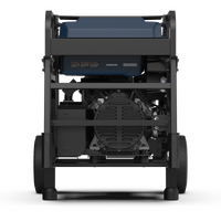 The rear view of the FIRMAN Power Equipment TRI FUEL PORTABLE GENERATOR 16800W ELECTRIC START 120/240V WITH CO ALERT showcases a black frame, blue top, large fan housing, V-Twin engine, and two wheels for mobility.