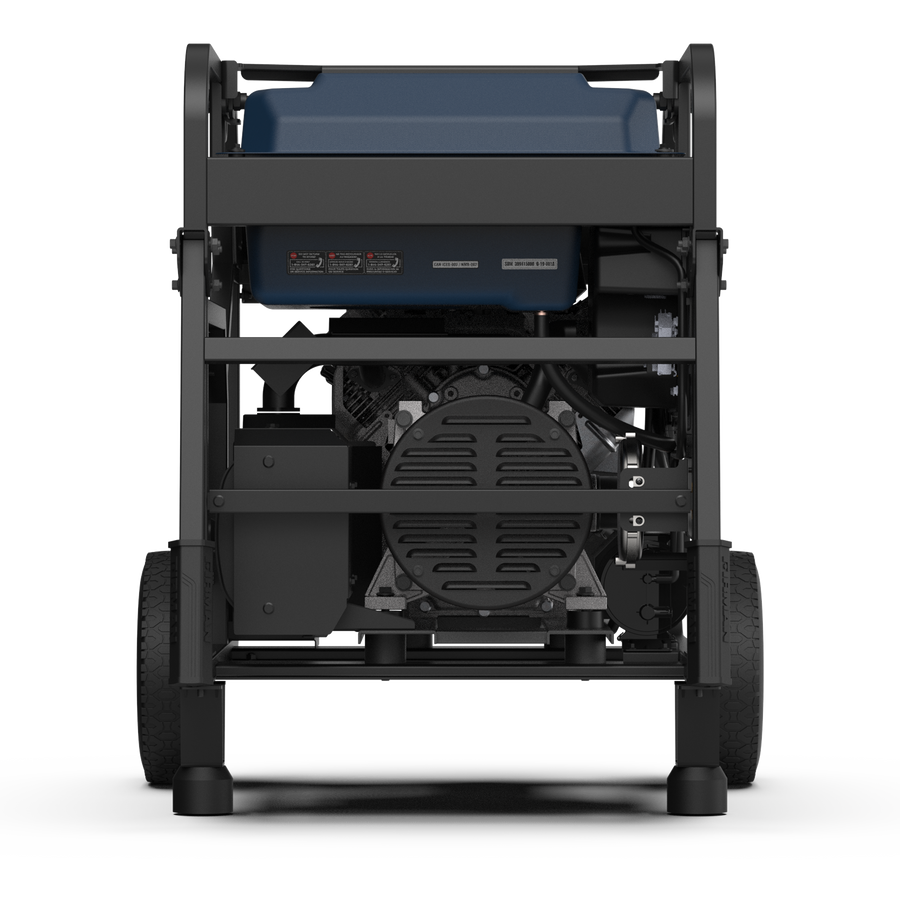 The rear view of the FIRMAN Power Equipment TRI FUEL PORTABLE GENERATOR 16800W ELECTRIC START 120/240V WITH CO ALERT showcases a black frame, blue top, large fan housing, V-Twin engine, and two wheels for mobility.