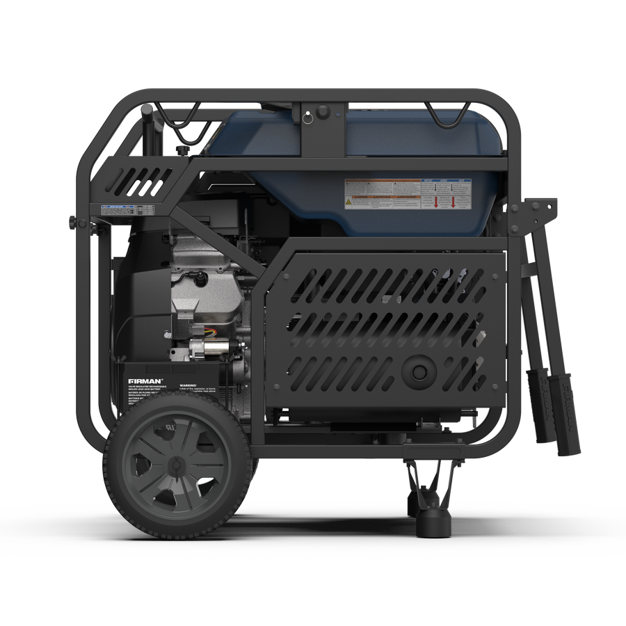 The FIRMAN Power Equipment TRI FUEL PORTABLE GENERATOR 16800W offers versatility with a sturdy metal frame, wheels, and a side panel displaying internal components. Its V-Twin engine provides robust performance, while CO Alert technology enhances safety for all your power needs.