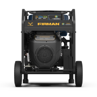 The FIRMAN Power Equipment TRI FUEL PORTABLE GENERATOR 16800W, with an electric start and 120/240V capacity, features a front panel with model specifications and controls. It includes advanced CO Alert technology for safe operation.