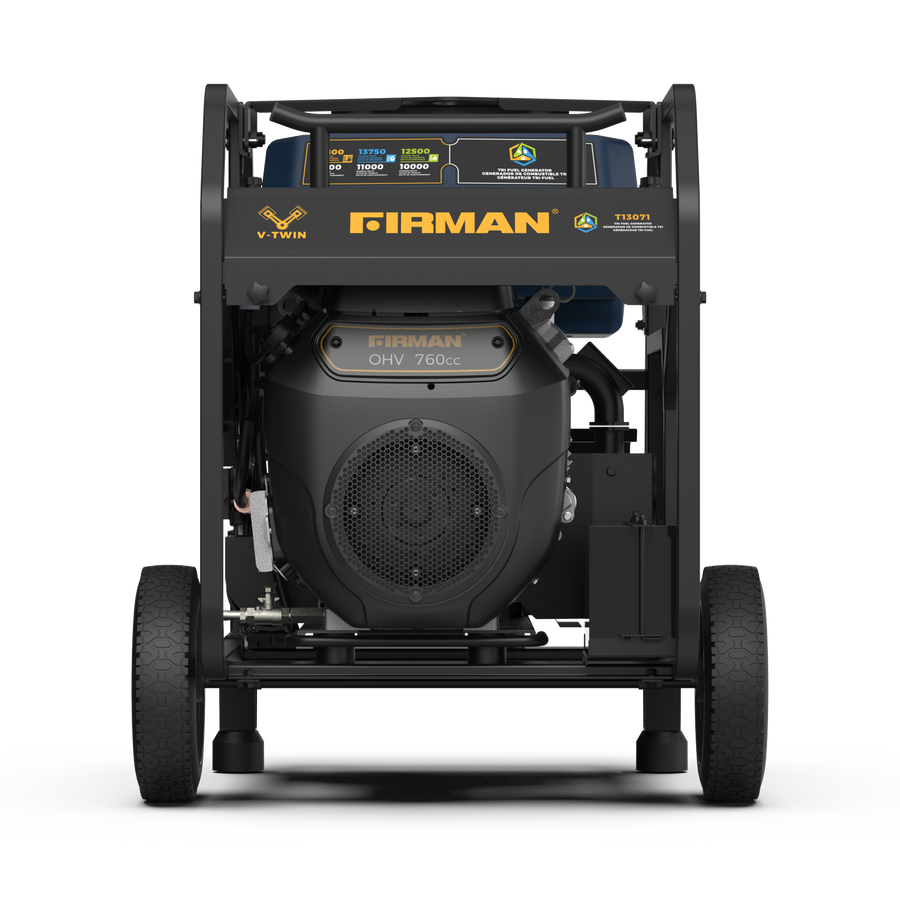 The FIRMAN Power Equipment TRI FUEL PORTABLE GENERATOR 16800W, with an electric start and 120/240V capacity, features a front panel with model specifications and controls. It includes advanced CO Alert technology for safe operation.