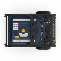 Top view of the FIRMAN Power Equipment TRI FUEL PORTABLE GENERATOR 16800W ELECTRIC START 120/240V WITH CO ALERT, featuring multiple warning labels and a central yellow knob, enclosed in a sturdy frame.