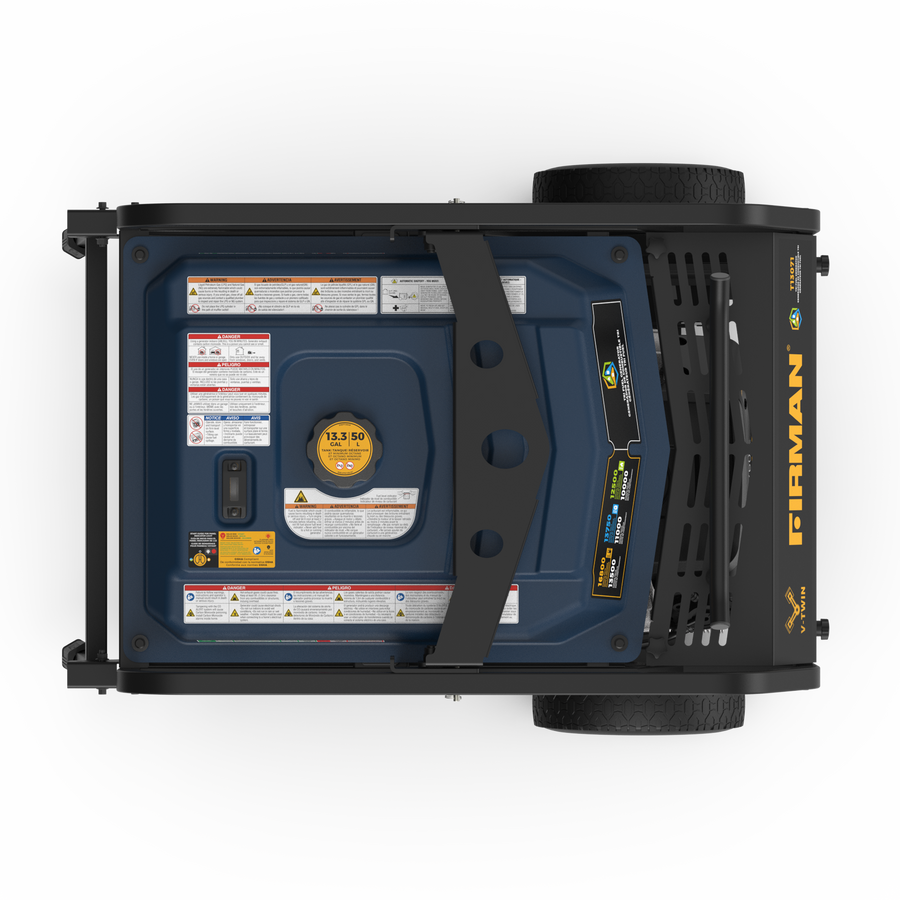 Top view of the FIRMAN Power Equipment TRI FUEL PORTABLE GENERATOR 16800W ELECTRIC START 120/240V WITH CO ALERT, featuring multiple warning labels and a central yellow knob, enclosed in a sturdy frame.