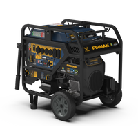 The FIRMAN Power Equipment TRI FUEL Portable Generator 16800W features a strong black frame, a vivid yellow and blue control panel, multiple outlets, wheels for easy transport, and CO Alert technology for safety, making it reliable for your power needs.
