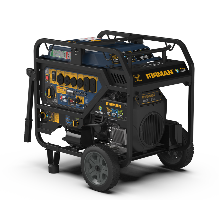 The FIRMAN Power Equipment TRI FUEL Portable Generator 16800W features a strong black frame, a vivid yellow and blue control panel, multiple outlets, wheels for easy transport, and CO Alert technology for safety, making it reliable for your power needs.