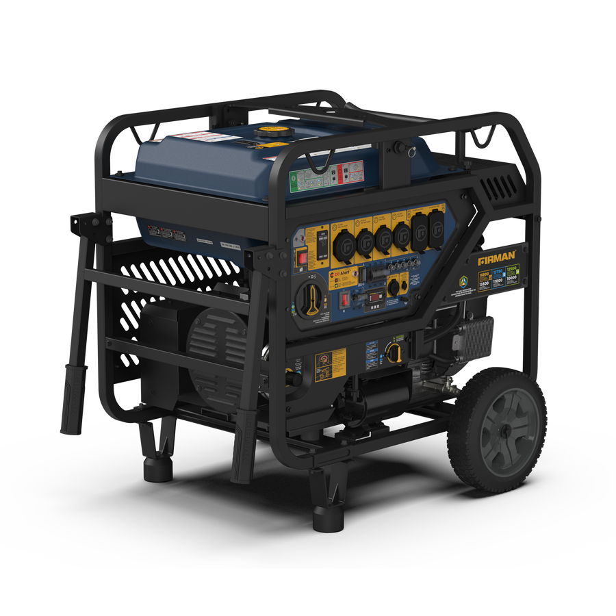 The FIRMAN Power Equipment TRI FUEL PORTABLE GENERATOR 16800W features a rugged metal frame, powerful V-Twin engine, multiple outlets, and wheels for mobility, with an electric start at 120/240V and CO Alert technology for enhanced safety.