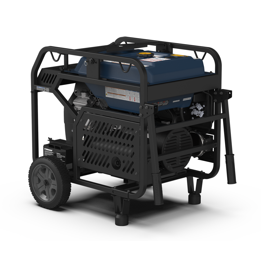 The FIRMAN TRI FUEL PORTABLE GENERATOR 16800W has a sturdy metal frame, easy-transport handles and wheels, a powerful V-Twin engine with CO Alert for safety, and features a sleek blue engine with black casing.
