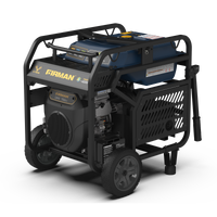 A FIRMAN Power Equipment TRI FUEL portable generator with a black metal frame, wheels, and blue control panel; it has a visible engine and boasts CO Alert technology for enhanced safety.