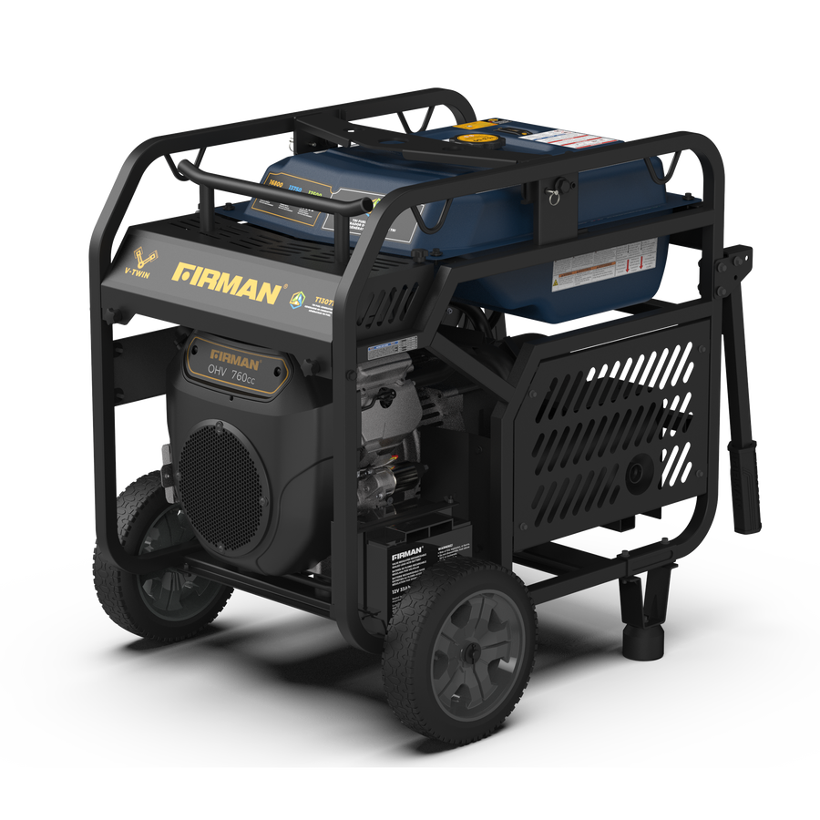 A FIRMAN Power Equipment TRI FUEL portable generator with a black metal frame, wheels, and blue control panel; it has a visible engine and boasts CO Alert technology for enhanced safety.