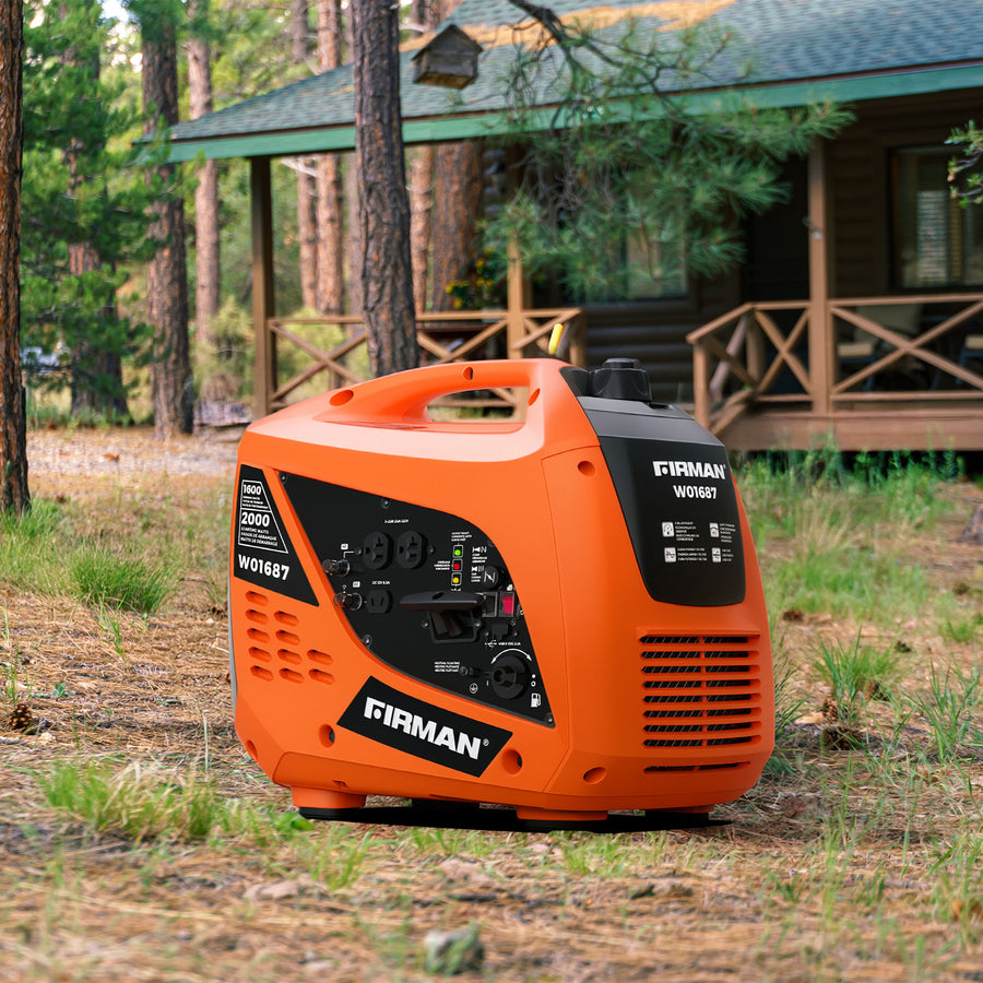 A FIRMAN Power Equipment Gas Inverter Portable Generator 2000/1600W Recoil Start is placed outside a cabin nestled among trees, making it an ideal camping generator.