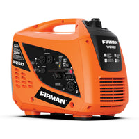 An orange FIRMAN Power Equipment Gas Inverter Portable Generator 2000/1600W Recoil Start is shown angled to display its control panel, vents, and handle—ideal as a reliable camping power source.