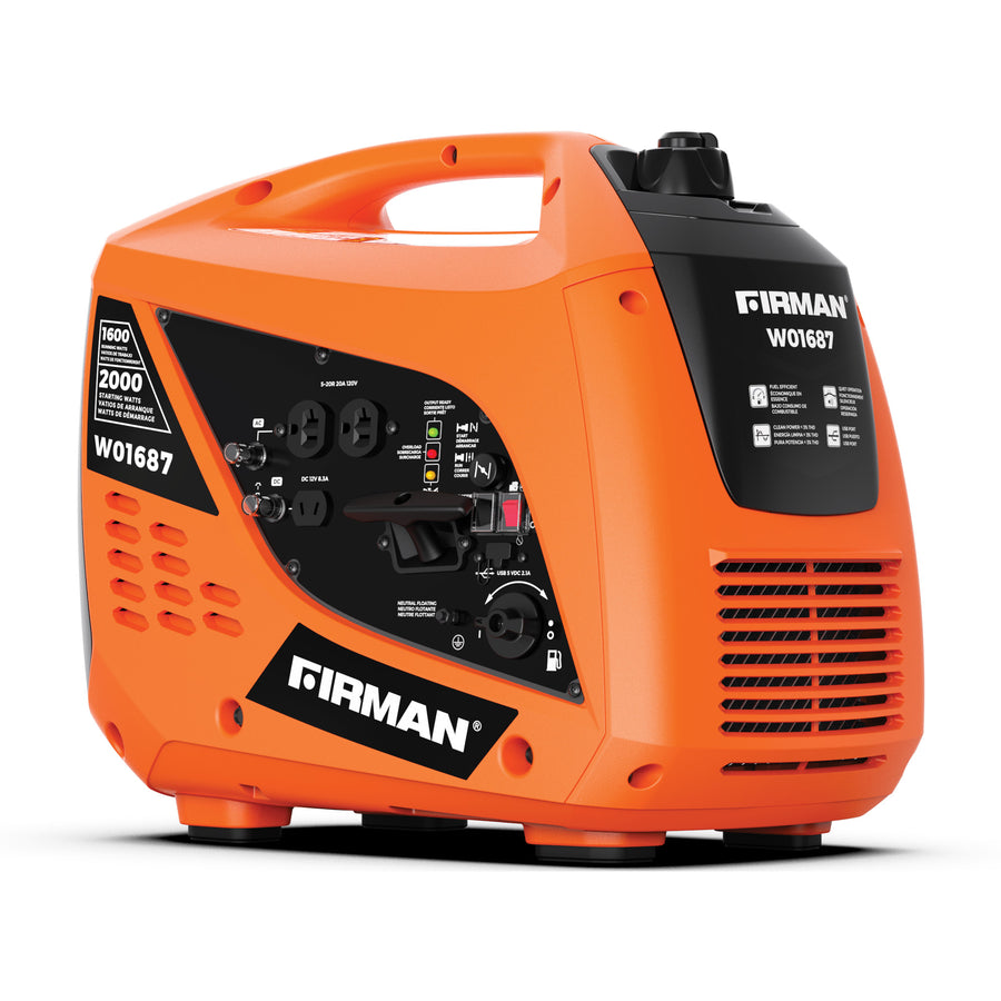 An orange FIRMAN Power Equipment Gas Inverter Portable Generator 2000/1600W Recoil Start is shown angled to display its control panel, vents, and handle—ideal as a reliable camping power source.