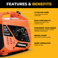 The FIRMAN Power Equipment Gas Inverter Portable Generator 2000/1600W with recoil start has a 0.9-gallon tank, four outlets, easy portability, and quiet 59 dB operation—perfect as a camping generator for all your outdoor adventures.