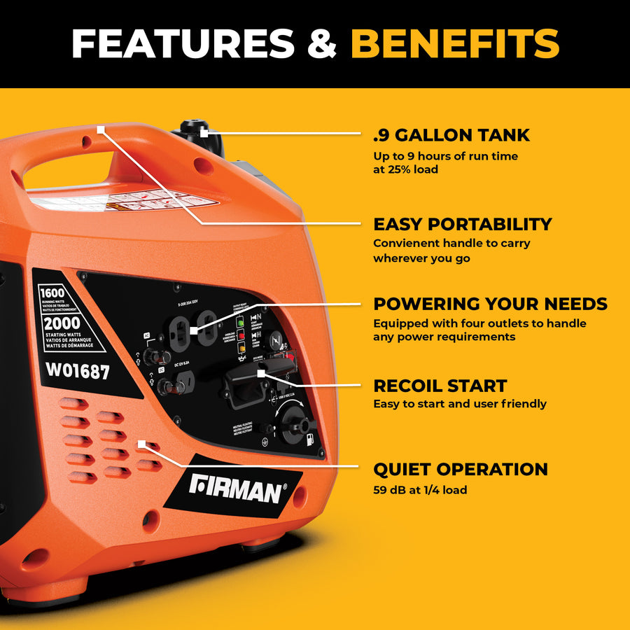 The FIRMAN Power Equipment Gas Inverter Portable Generator 2000/1600W with recoil start has a 0.9-gallon tank, four outlets, easy portability, and quiet 59 dB operation—perfect as a camping generator for all your outdoor adventures.