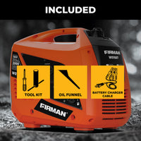 The orange FIRMAN Power Equipment Gas Inverter Portable Generator 2000/1600W Recoil Start includes a tool kit, oil funnel, and battery charger cable—perfect as a camping generator for outdoor adventures.