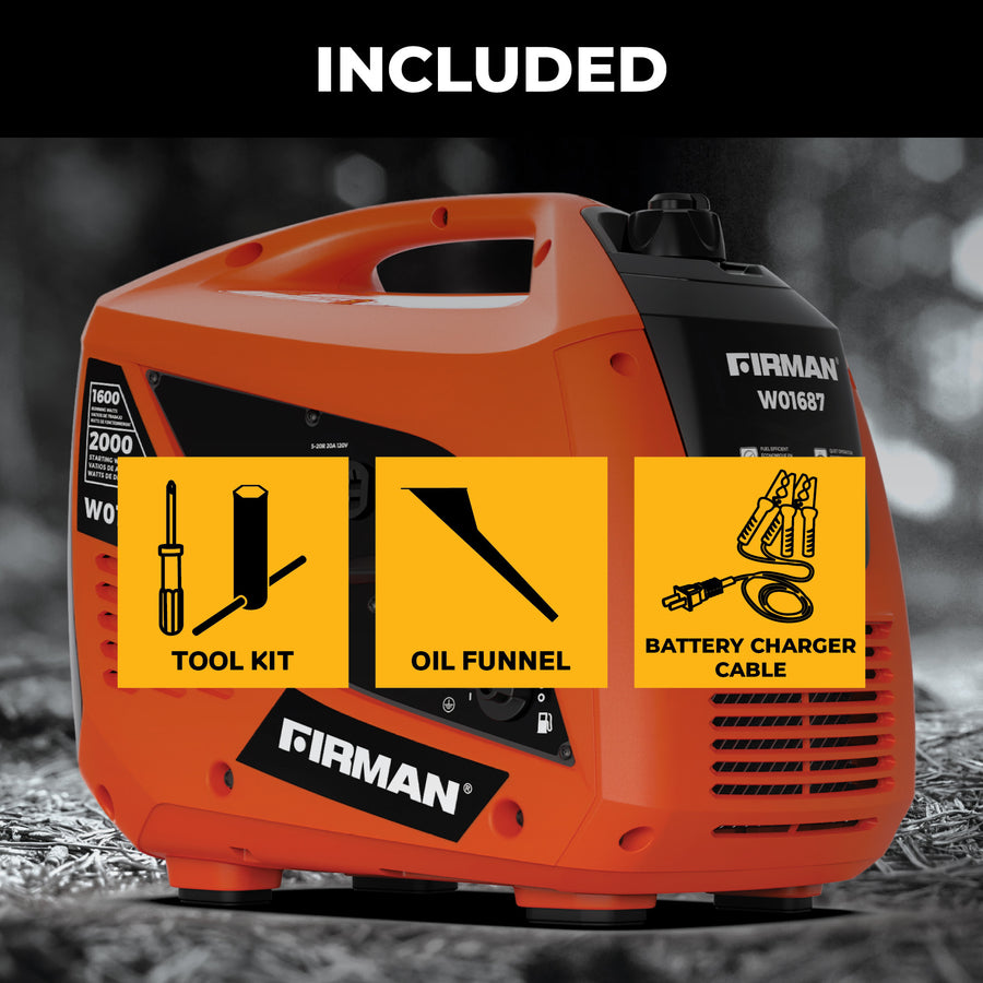 The orange FIRMAN Power Equipment Gas Inverter Portable Generator 2000/1600W Recoil Start includes a tool kit, oil funnel, and battery charger cable—perfect as a camping generator for outdoor adventures.