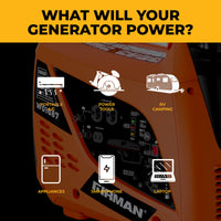 Orange FIRMAN Power Equipment Gas Inverter Portable Generator 2000/1600W Recoil Start powers appliances, power tools, RVs, smartphones, and laptops. Text above: "WHAT WILL YOUR CAMPING GENERATOR POWER?.