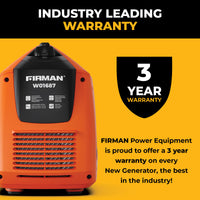 Orange FIRMAN Power Equipment Gas Inverter Portable Generator 2000/1600W with recoil start sits next to a black badge stating "3 Year Warranty," highlighting FIRMAN's industry-leading warranty on new camping generators.