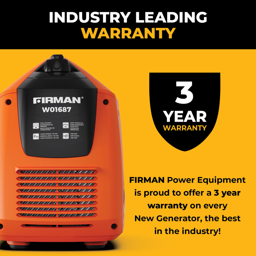 Orange FIRMAN Power Equipment Gas Inverter Portable Generator 2000/1600W with recoil start sits next to a black badge stating "3 Year Warranty," highlighting FIRMAN's industry-leading warranty on new camping generators.
