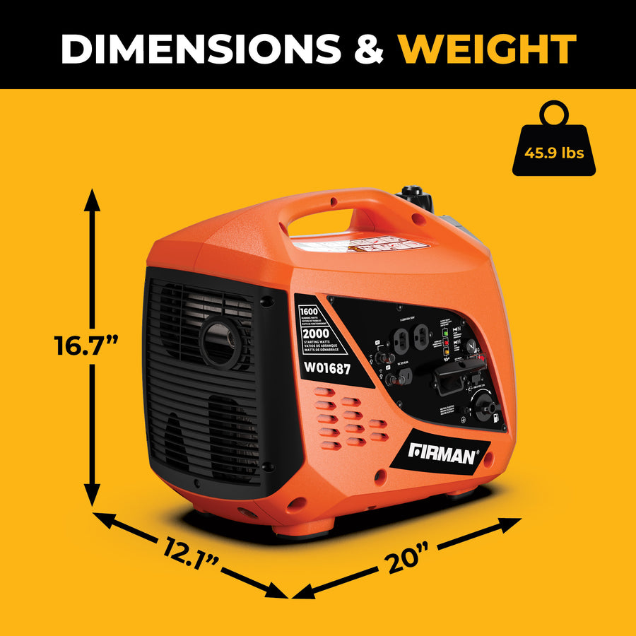 The orange FIRMAN Power Equipment Gas Inverter Portable Generator 2000/1600W Recoil Start, measuring 16.7"H x 12.1"W x 20"L and weighing 45.9 lbs, is shown on a yellow background—ideal for outdoor adventures as a portable power source.