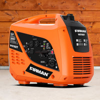 A FIRMAN Power Equipment Gas Inverter Portable Generator 2000/1600W Recoil Start sits on a concrete floor in front of a wooden wall.