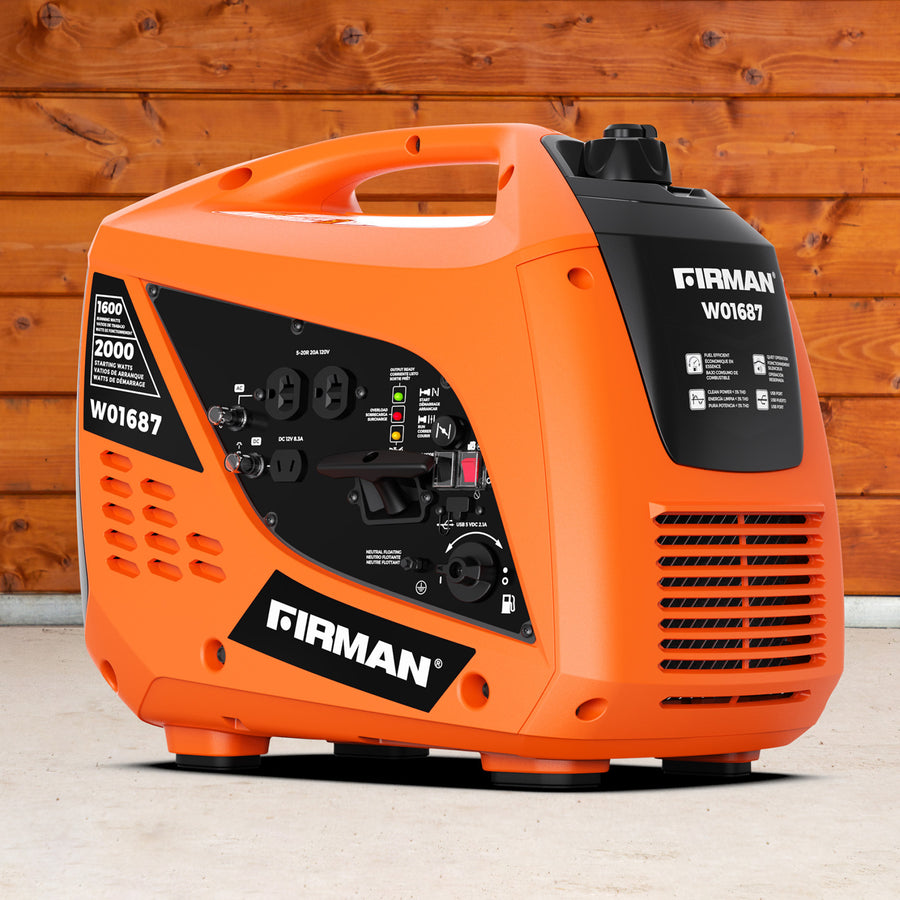 A FIRMAN Power Equipment Gas Inverter Portable Generator 2000/1600W Recoil Start sits on a concrete floor in front of a wooden wall.