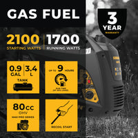 Promotional image for the FIRMAN Power Equipment Inverter Portable Generator 2100W Recoil Start featuring key specs like starting watts, running watts, tank capacity, run time, engine type, and warranty details, set against a dark background