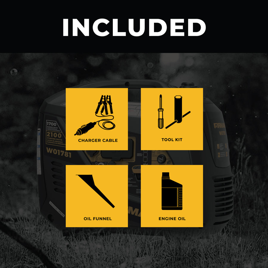Promotional image of the FIRMAN Power Equipment Inverter Portable Generator 2100W Recoil Start, highlighting included items: charger cable, tool kit, oil funnel, and engine oil, set against a dark, blurred background.