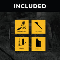 A graphic showing accessories included with a FIRMAN Power Equipment inverter portable generator 2100W recoil start: charger cable, oil funnel, tool kit, and engine oil, against a blurry background of the generator.