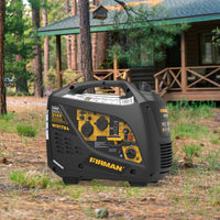 A FIRMAN Power Equipment Inverter Portable Generator 2100W Recoil Start sits on grass near a cabin in a wooded area.