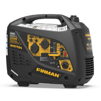 The FIRMAN Power Equipment Inverter Portable Generator 2100W Recoil Start offers a compact black and yellow design with labeled controls, outlets, and specs—an ideal RV-ready solution for portable power on the go.