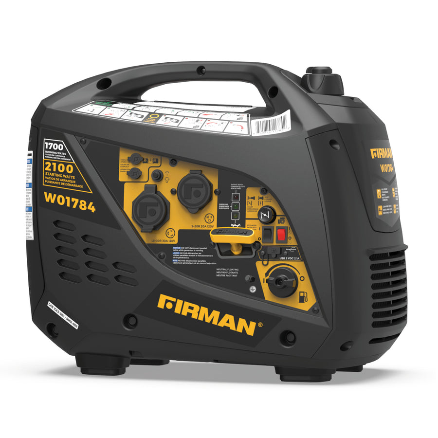 The FIRMAN Power Equipment Inverter Portable Generator 2100W Recoil Start offers a compact black and yellow design with labeled controls, outlets, and specs—an ideal RV-ready solution for portable power on the go.