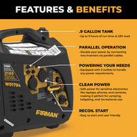 Close-up of a FIRMAN Power Equipment Inverter Portable Generator 2100W with labeled features and benefits, such as tank size, parallel operation, clean power, multiple power options, and easy recoil start.