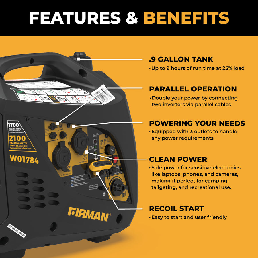 Close-up of a FIRMAN Power Equipment Inverter Portable Generator 2100W with labeled features and benefits, such as tank size, parallel operation, clean power, multiple power options, and easy recoil start.