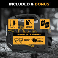 The FIRMAN Power Equipment Inverter Portable Generator 2100W Recoil Start is RV-ready and includes a tool kit, engine oil with funnel, operator’s manual, parallel cables, and an L5-30P to TT-30R adapter for convenience.