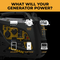 The FIRMAN Power Equipment Inverter Portable Generator 2100W Recoil Start is RV-ready and powers a portable A/C, power tools, essential appliances for camping, smartphones, and laptops with clear icons and labels.