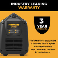 A black and yellow FIRMAN Power Equipment Inverter Portable Generator 2100W Recoil Start is shown with text announcing an industry-leading 3-year warranty for new generators.