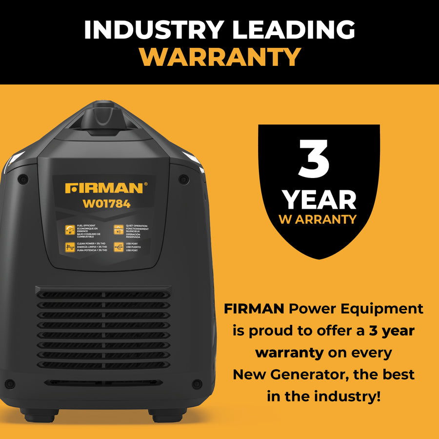 A black and yellow FIRMAN Power Equipment Inverter Portable Generator 2100W Recoil Start is shown with text announcing an industry-leading 3-year warranty for new generators.