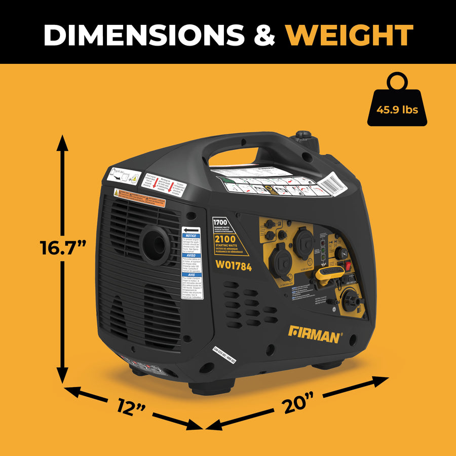 The FIRMAN Power Equipment Inverter Portable Generator 2100W Recoil Start is RV-ready, measures 16.7"H x 20"L x 12"W, and weighs only 45.9 lbs. Dimensions and weight are clearly marked for easy reference.