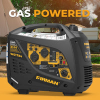 A FIRMAN Power Equipment Inverter Portable Generator 2100W Recoil Start is shown outdoors near a tent and campfire, making it ideal for camping adventures.