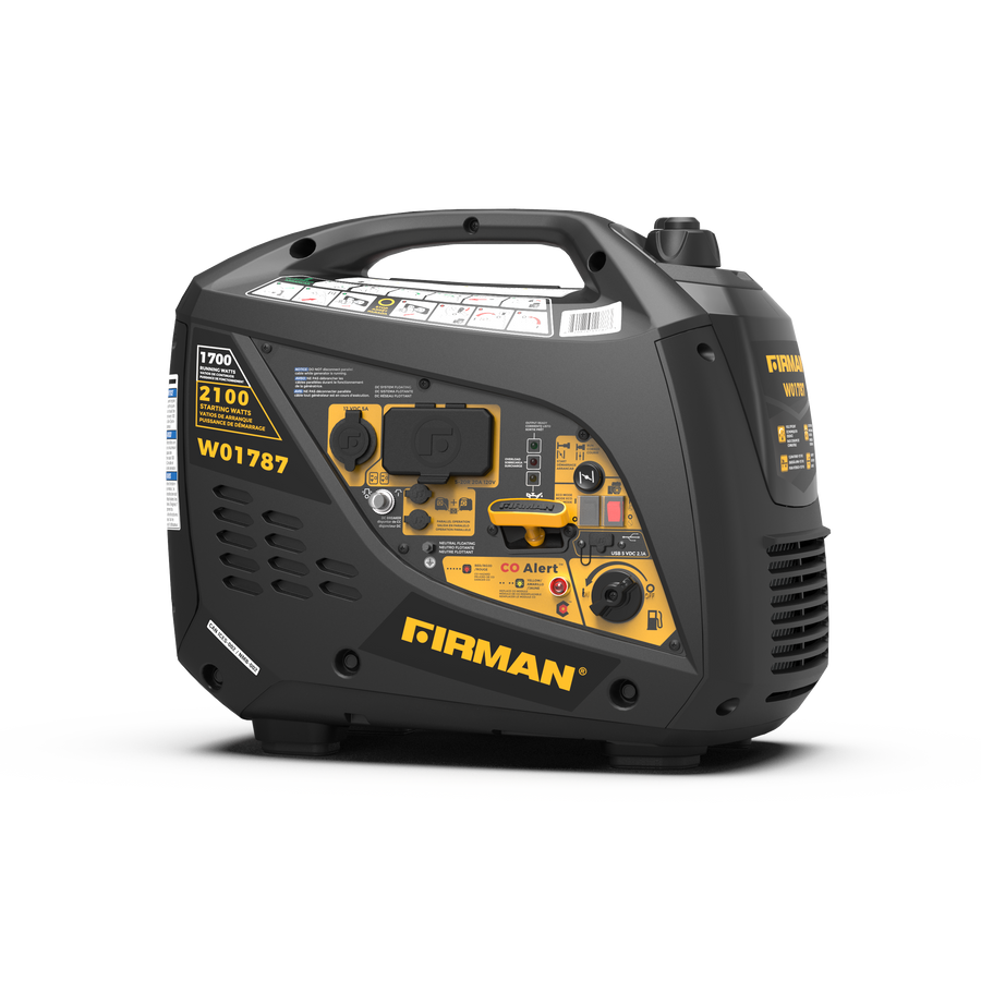 The FIRMAN Gas Inverter Portable Generator 2100/1700W, in black and yellow, features a control panel with multiple ports for efficient fuel use. With CO Alert technology for safety, it's perfect for powering essential devices on the go.