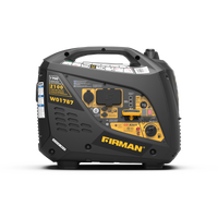 The portable black and yellow FIRMAN Power Equipment Gas Inverter Generator features labeled controls, 2100/1700-watt output, CO Alert tech for safety, a convenient top handle, and impressive fuel efficiency to meet your energy needs efficiently.